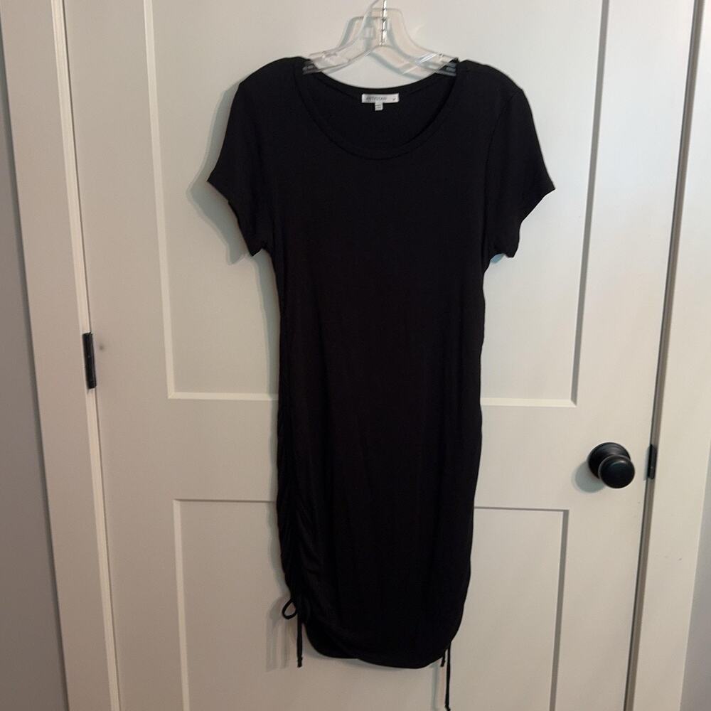 ANTISTAR Dress Sz M Black Rayon Spandex Ruched T Shirt Jersey Knee Length Comfy